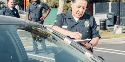 Person photographing illegal parking violation on smartphone to report the vehicle's license plate to authorities